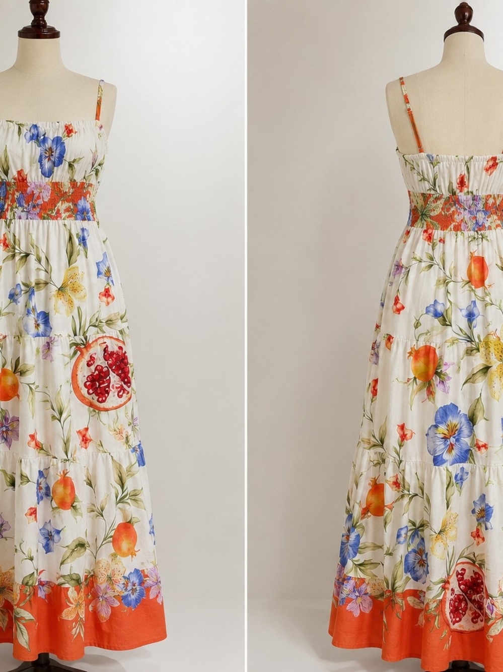 Rachel Zoe White Floral & Orange Trim Maxi Dress